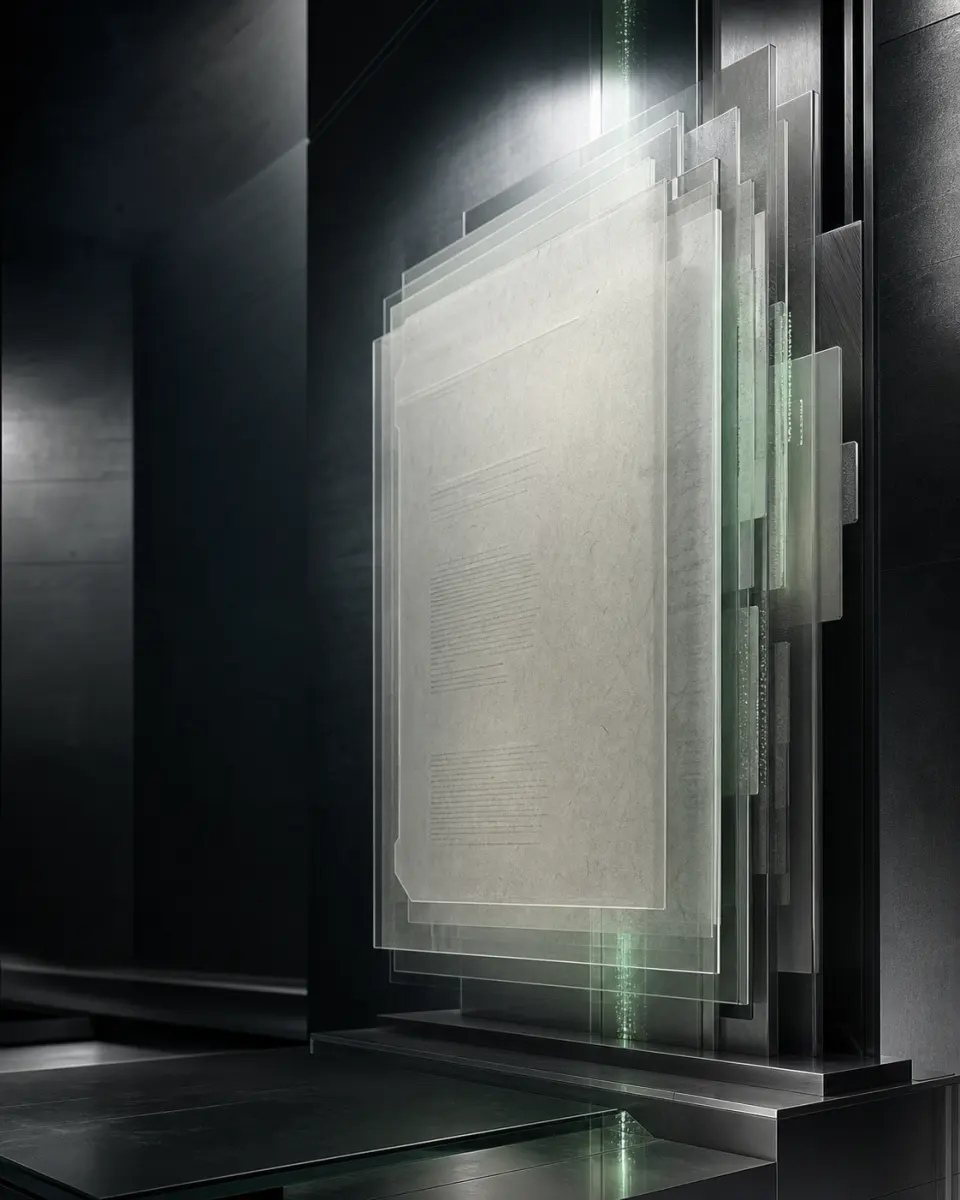 Futuristisches Archiv aus geschichteten Dokumenten, Glas und Metall